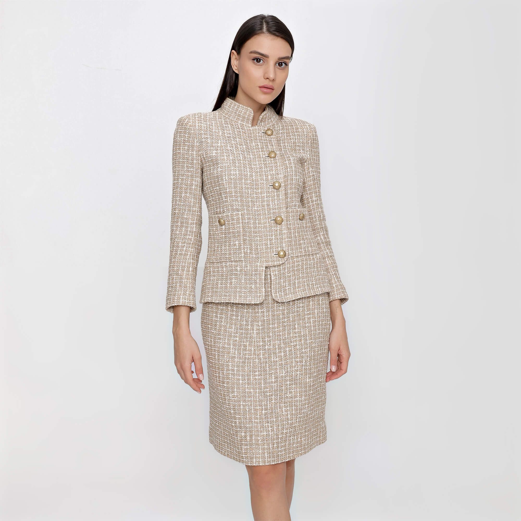 Chanel - Beige and Ecru Cotton Blend Tweed Jacket and Skirt Suit